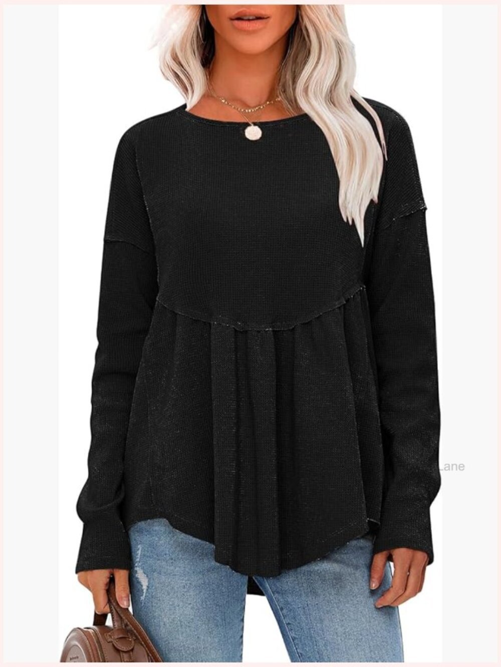 Waffle Knit Long Sleeve Tunic Top Crewneck Babydoll Maternity